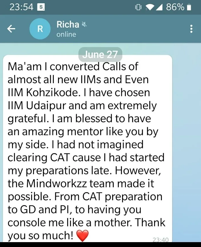 Student WhatsApp feedback after converting IIM calls