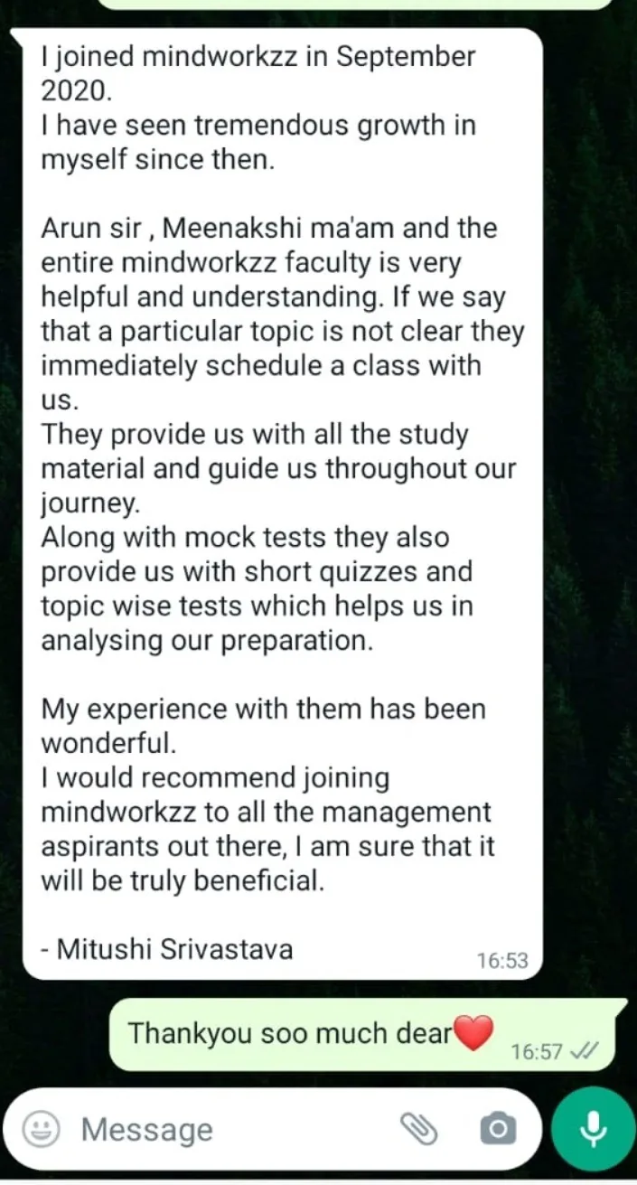 Student WhatsApp feedback about CAT preparation growth