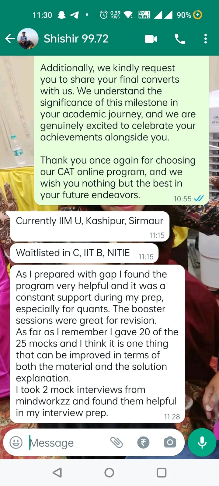 Student WhatsApp message sharing a B-school conversion