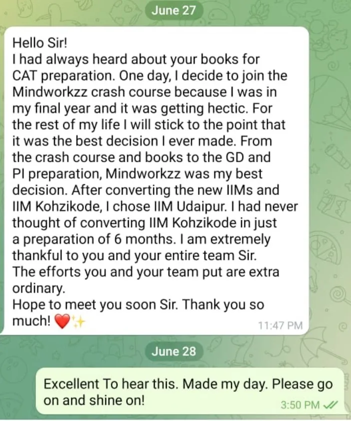 Student WhatsApp message thanking Arun Sharma