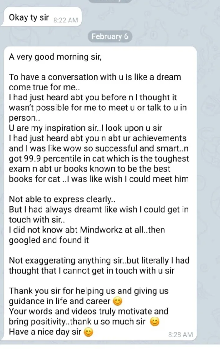 Student WhatsApp feedback about preparation and books