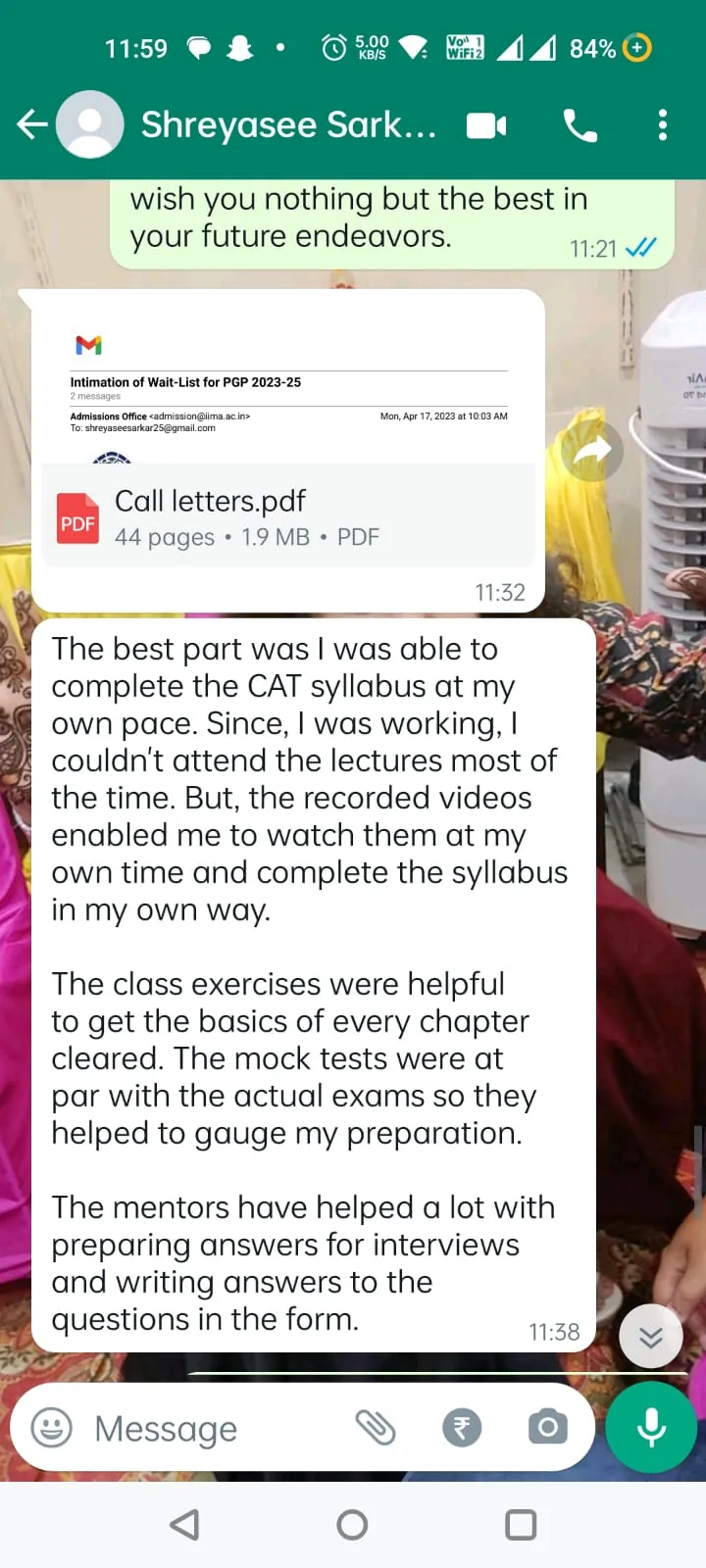 Student WhatsApp review of CAT classes and mentors