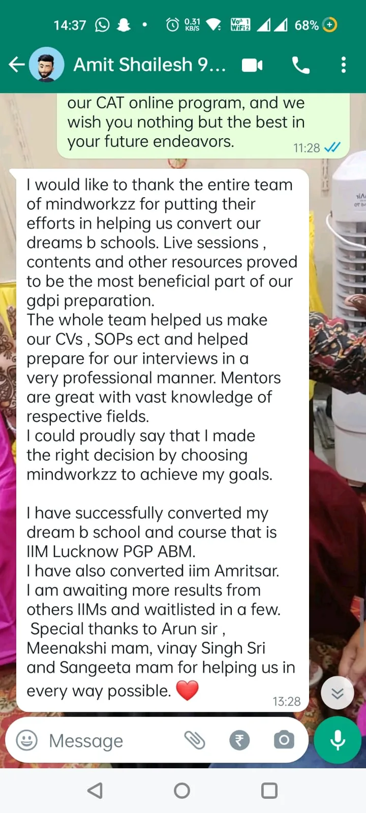Student WhatsApp message sharing multiple B-school conversions